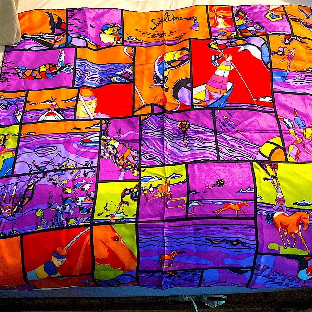 Gorgeous Hermes silk scarf with horses, birds and air balloons!